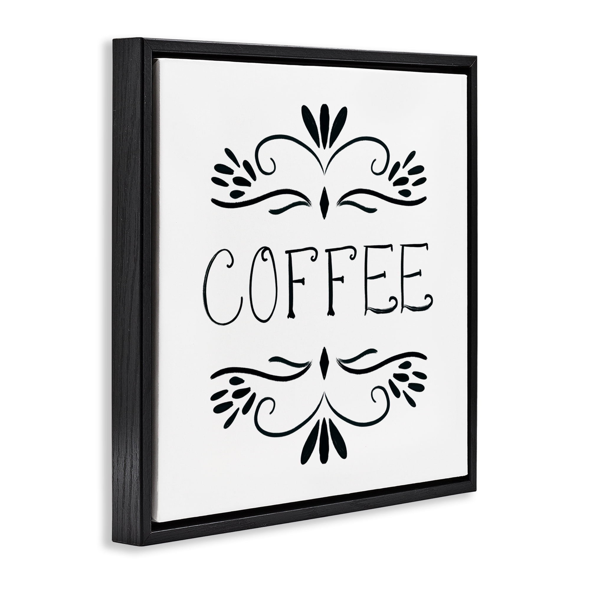 Stupell Industries Coffee with Floral Emblems Black Framed Floater Canvas Wall Art, design by Lucille Price