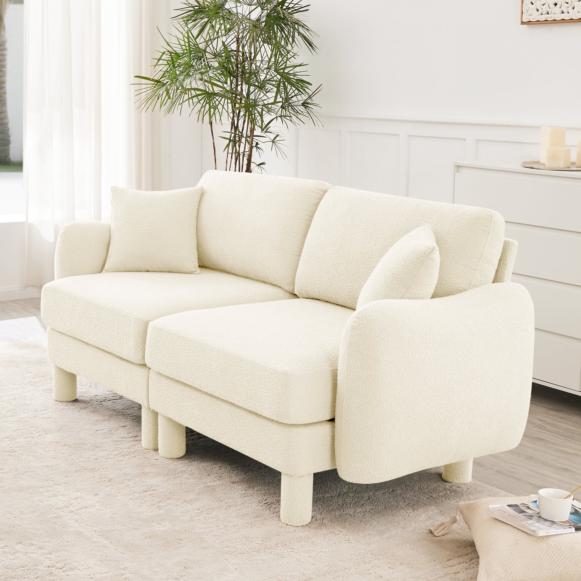 Gewnee Beige 2-Seater Boucle Loveseat with Shell Armrests & Fabric-Wrapped Cylindrical Legs - Ideal for Bedroom Reading Nook, Home Office Lounge