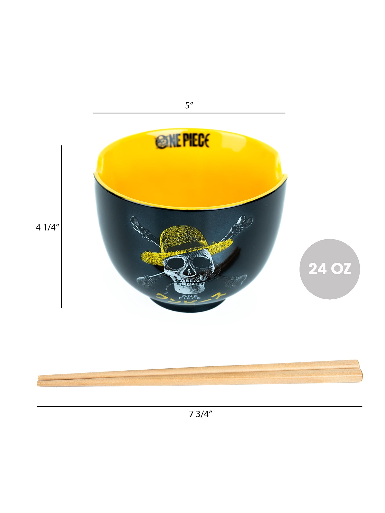 One Piece, Ceramic Noodle Bowl Set with Chopsticks, Black and Yellow