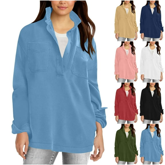 Hrsba Womens Casual Long Sleeve Sweatshirt Solid Color Collared Top with Pockets Half Button Front No Hood Sweatshirt for Winter