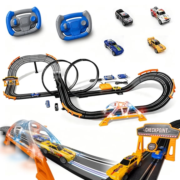 Slot Car Race Track Sets with 4 High-Speed Racing Slot Cars Electric Dual Racing Game with 2 Controllers Circular Overpass Track Featuring Flash Bridge Pendulum Gifts Toys for Boys Kids Age 6 7 8-12