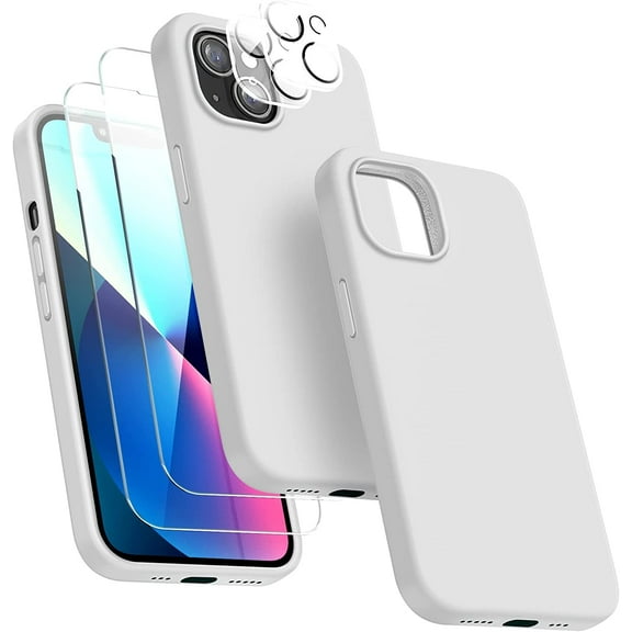 [5 in 1 Designed for iPhone 13 Case, with 2 Pack Screen Protector   2 Pack Camera Lens Protector, Liquid Silicone Slim Shockproof Protective Phone Case [Microfiber Lining] 6.1 (White)…