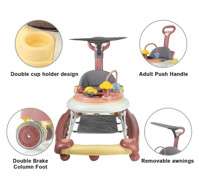 Developmental Walkers For Babies, Foldable Baby Walker, Adjustable Height With Interactive Toys, Pink