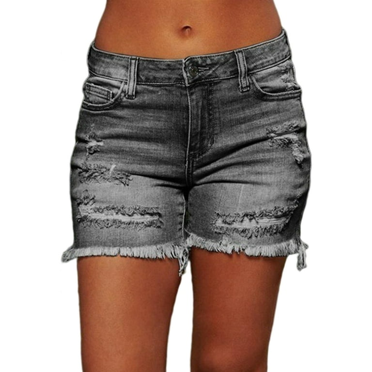 Frontwalk Women Fashion Buttoned Denim Shorts Mid Rise Distressed