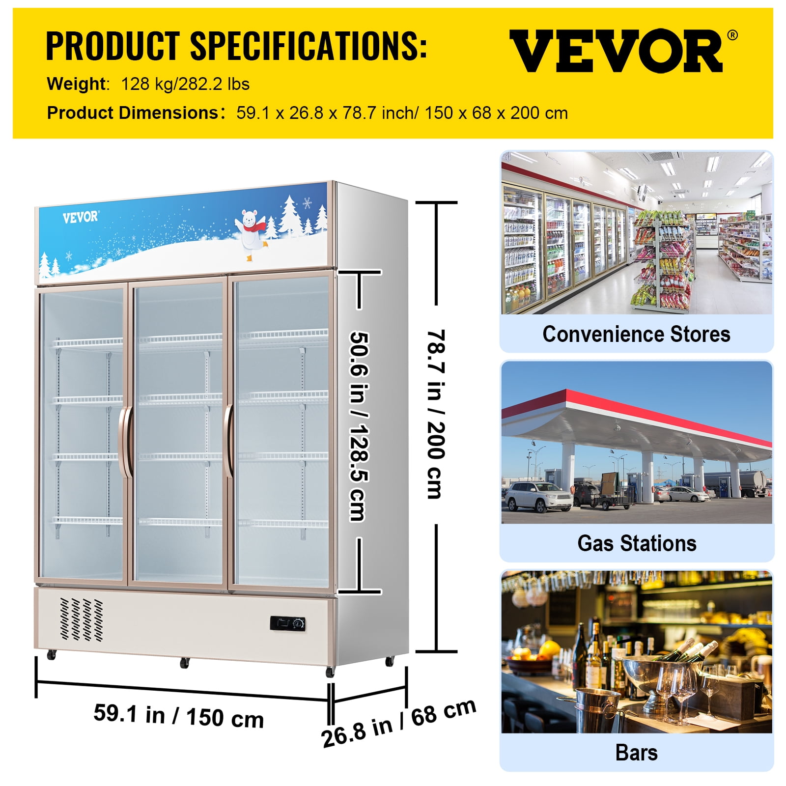 VEVOR Commercial Merchandiser Refrigerator, Triple Glass Doors, 31.6 Cubic Ft, Upright Display Beverage Cooler, 79" Tall x 60" Width, Fridge with LED Lighting for Drink Wine Soda, Gold