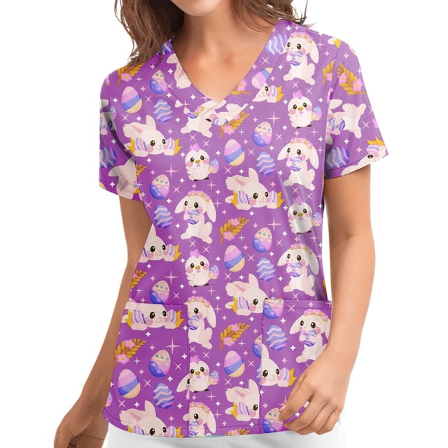 Blusa con cuello en V de manga corta para mujer, uniforme con bolsillos estampados de Pascua, blusa de enfermería Pompotops hkajfhjk462019