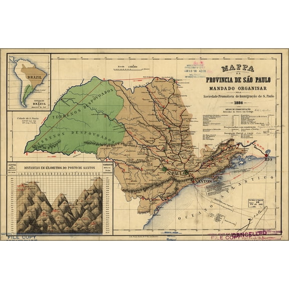 24"x36" Gallery Poster, Map da provinica de Sao Paulo brazil 1886