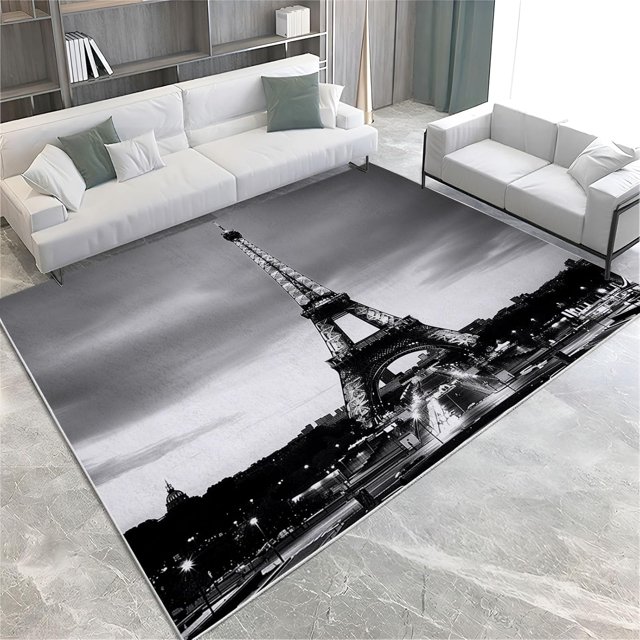 Black Area Rug Eiffel Tower in Paris 4x6ft Rugs for Living Room Machine Washable -Non Slip Floor Rug - Printed Pattern Indoor Carpet for Bedroom Dining Room