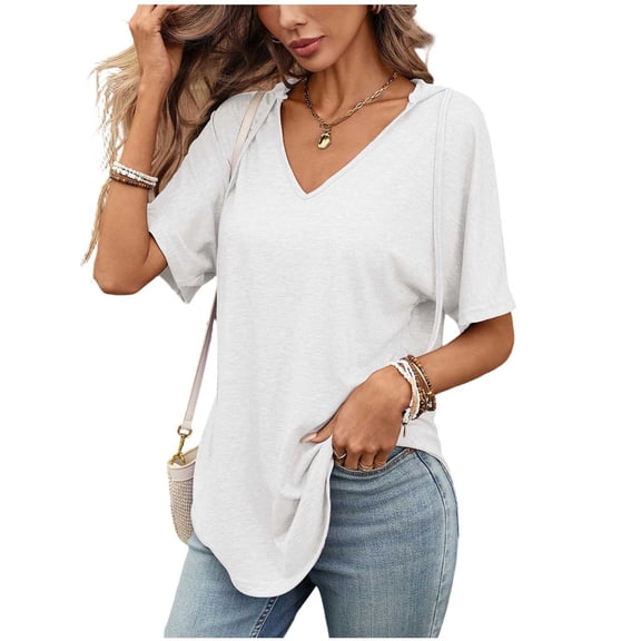 Lmnyox Womens Summer Hooded Shirt Fashion Solid Short Sleeve V Neck Blouses Casual Trendy Hoodies Tops for Women