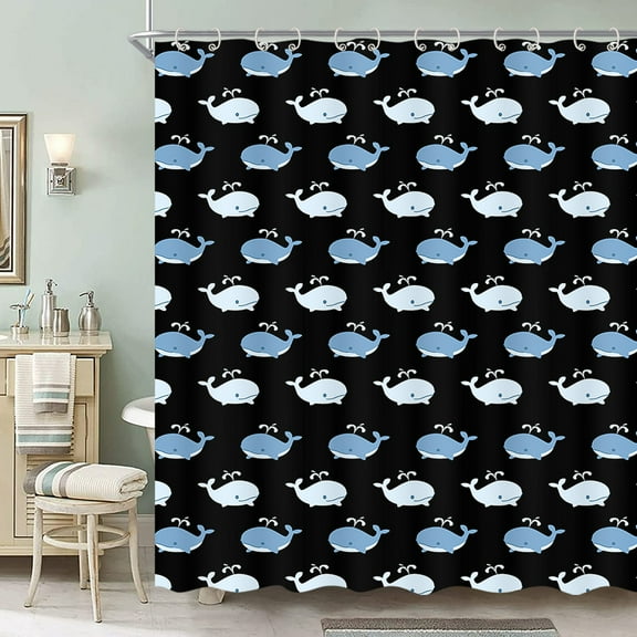 Nautical Ocean Whale Shower Curtain, Black Ocean Fish Animal Print Design Bathroom Shower Curtain for Kids, Sea Themed Creatures Underwater Shower Curtain Set with 12 Hooks 72x72 inch