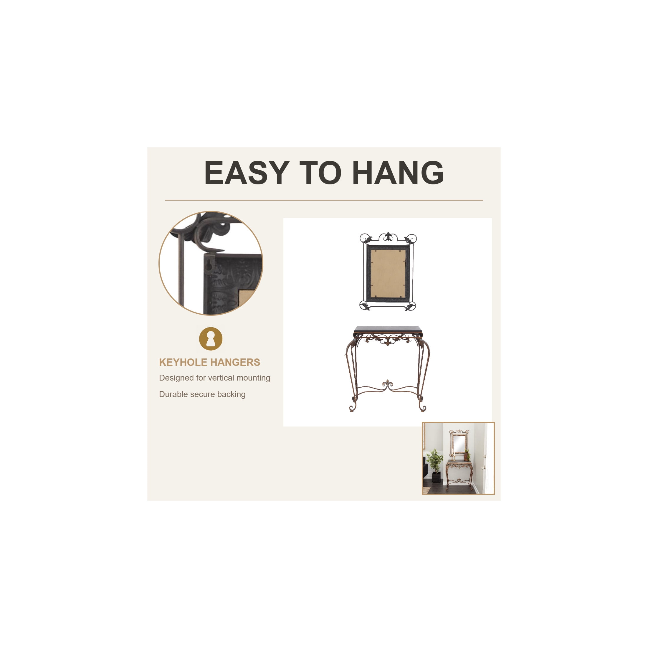 DecMode 23" x 32" Bronze Metal Leaf Console Table with Mirror with Scrolled Legs, 2-Pieces