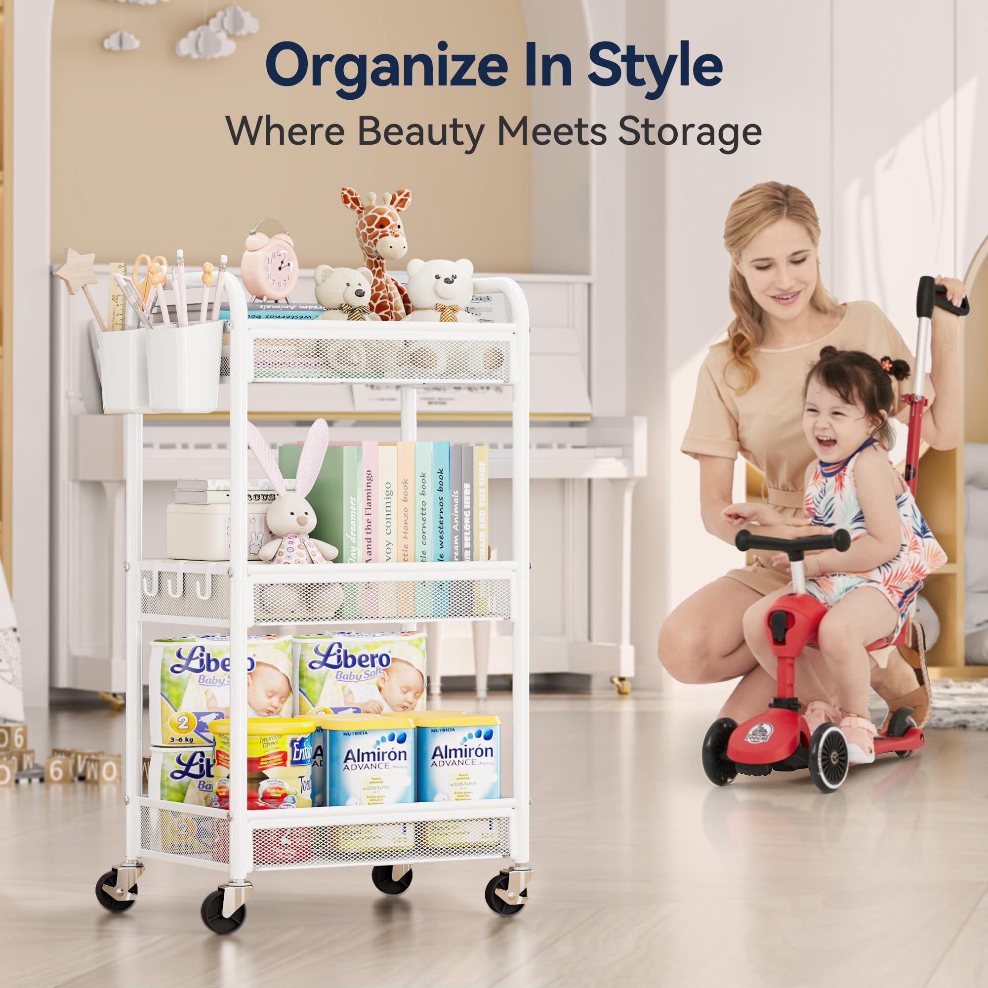 Black Metal Rolling Cart 3 Tier Utility Storage Organizer with Wheels Hanging Cups Hooks Mesh Basket for Bedside Kitchen Office