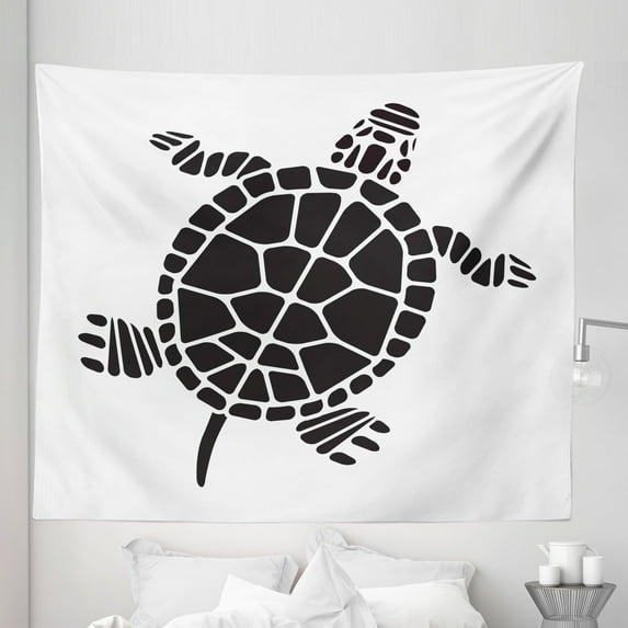 Turtle Tapestry, Geometric Shapes Forming Simplistic Design Mosaic Style Silhouette of a Turtle, Fabric Wall Hanging Decor for Bedroom Living Room Dorm, 5 Sizes, Black and White, by Ambesonne