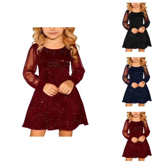 Puff Short Sleeve Mesh Dress, Girls High Waist A-Line Casual & Party Dresses with Pockets for 4-14 Years