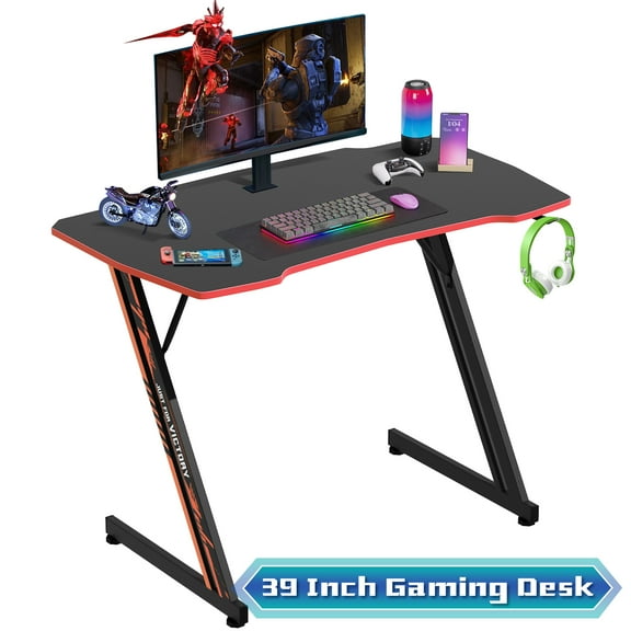 39"L Gaming Desk Z-Shaped Carbon Fiber Surface PC Gamer Table with  Headphone Hook, Computer Desk Gamer Desk Office Desk for Adults&Teen （Red）