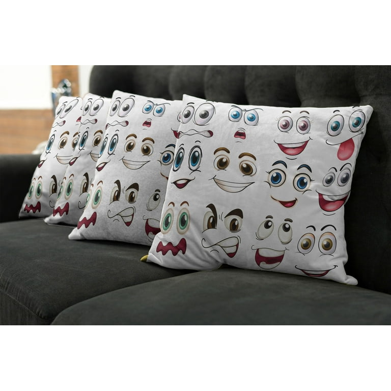 Cartoon Throw Pillow Cushion Case Pack of 4 Smiling Face and Emoji Cartoon Hand Drawing Image with Positive Face Expressions Modern Accent