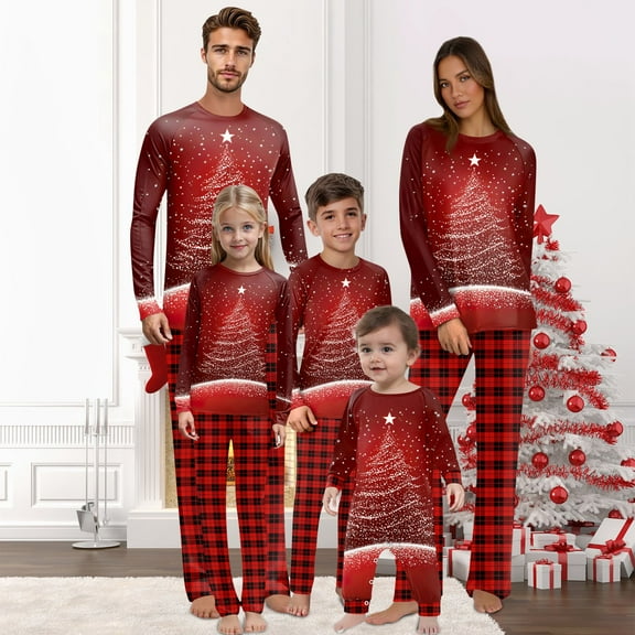 Onlypjs Family Matching Christmas Pajamas for Men, Women and Couples – Red Holiday Tree Glow Long Sleeve Top and Red Plaid Pants