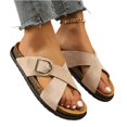 thumbnail image 3 of LTTVQM Womens Flat Sandals Arch Support Platform Open Toe Slip-On Cork Footbed Slide Sandals Casual Lounge Adjustable Buckle Slides for Vacation Khaki 36(US-5.5), 3 of 5