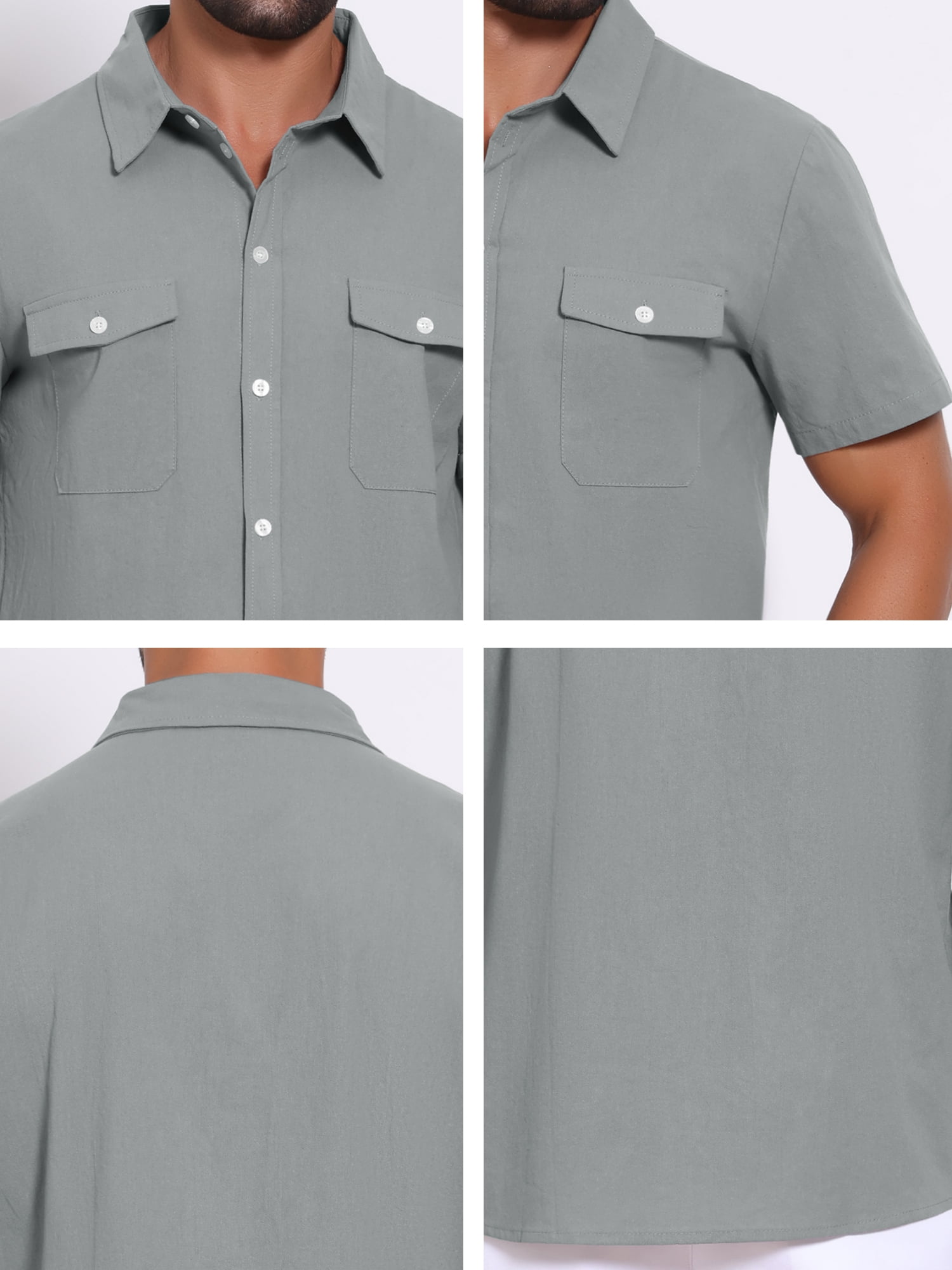 DARING DIVA Men's Linen Chest Pockets Short Sleeves Button Down  Shirt XL Gray