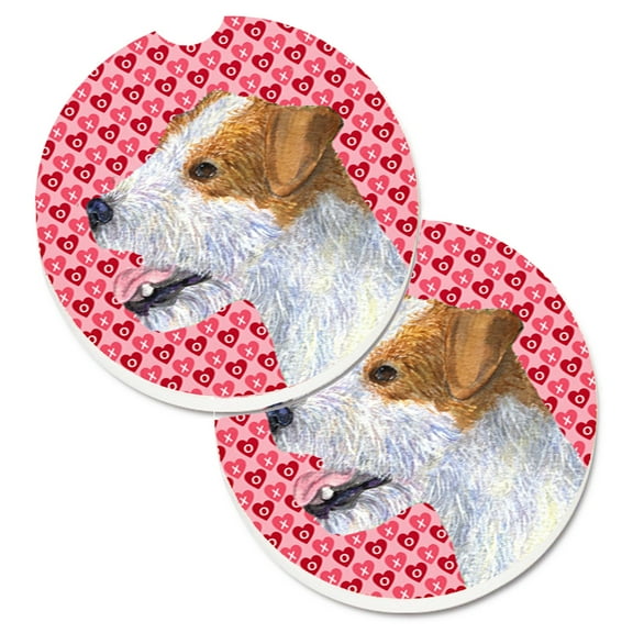 Jack Russell Terrier Hearts Love and Valentines Day Portrait Set of 2 Cup Holder Car Coasters