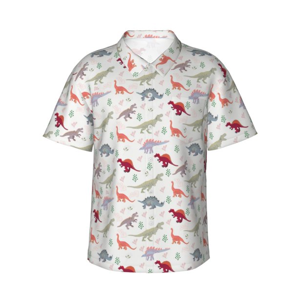 Balery Cute Dinosaur Camisas hawaianas de manga corta para hombre, camisas playeras de corte holgado, camisas de vacaciones con botones,Large