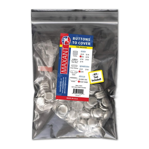 100 Cover Buttons by Maxant - Made in The USA - #30 (3/4") with Flat Backs, Ideal for Crafting. Includes Tool.