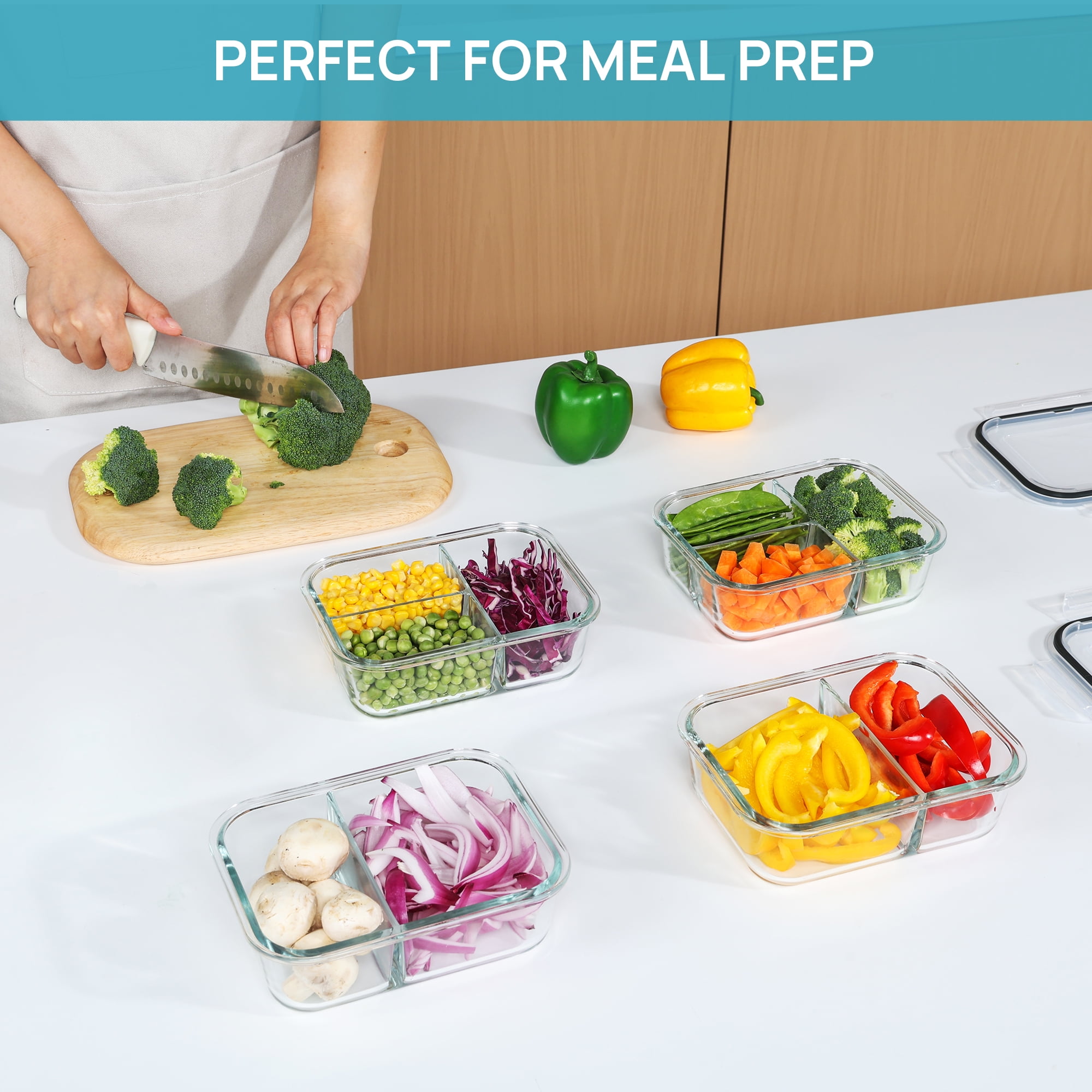 Sindcom 4 Pack 33oz Glass Food Storage Containers with Compartments, Meal Prep Bento Boxes, for Microwave, Oven, Freezer, Gray