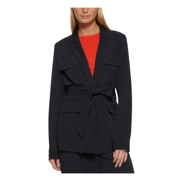 DKNY Womens Navy Pocketed Belted Notched Lapel Utility Wear To Work Blazer Jacket XL