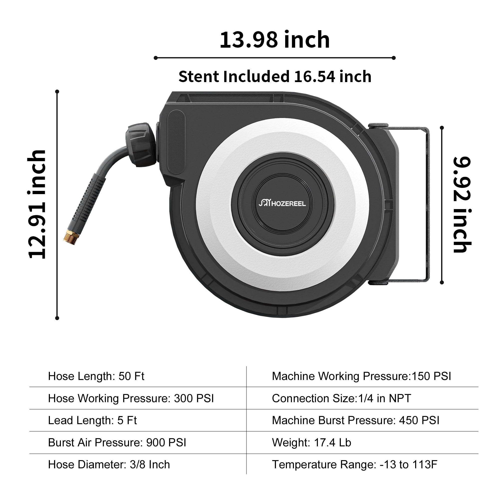 HOZEREEL Retractable Air Hose Reel, 3/8 Inch x 50+5 Ft Hybrid Hose Air Compressor Hose Reel in Max 300 PSI Design, 180°Swivel Bracket Quick Coupler(Black)