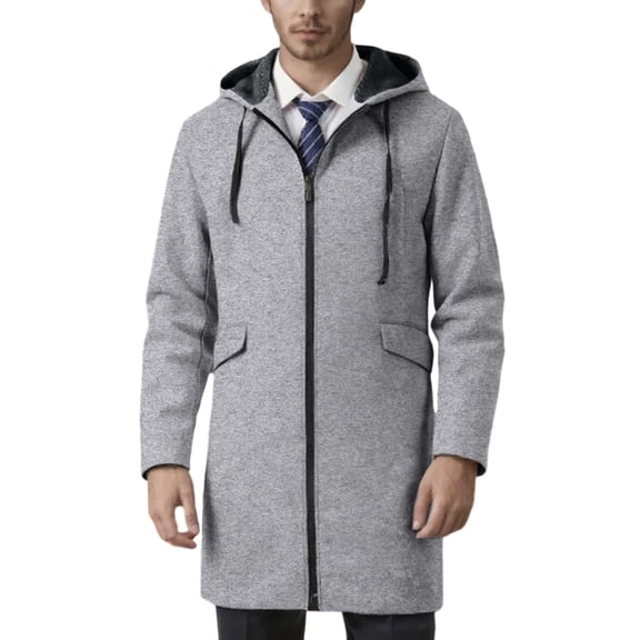 Aihuaihua Mens Trench Coat Wool Blend Hooded Long Jacket Full Zip Winter Windbreaker Business Overcoat Fashion Outwear Casual Coat with Pockets Grey XL