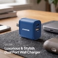 thumbnail image 2 of Powertek Ultra 20W USB-C PD + 18W USB-A Wall Charger, Blue, Dual Port Charging Block, Fast Charge Two Devices, 2 of 6