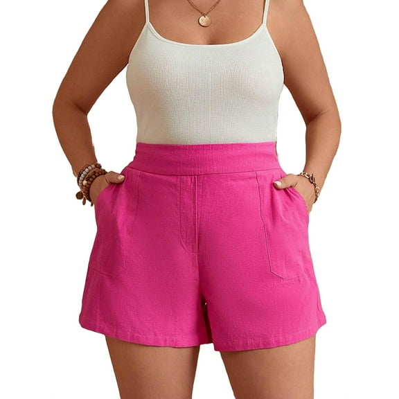 Plus Size Shorts Casual Plain Straight Leg Hot Pink 0XL (12)