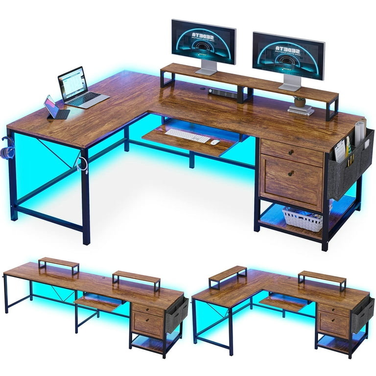 94.5Computer Gaming Desk with Storage & USB Power Strip, Keyboard Tray &  Monitor Stand, Home Office Desks with LED Lights,Extra Long Double Desk for  2 Person, Rustic Brown 