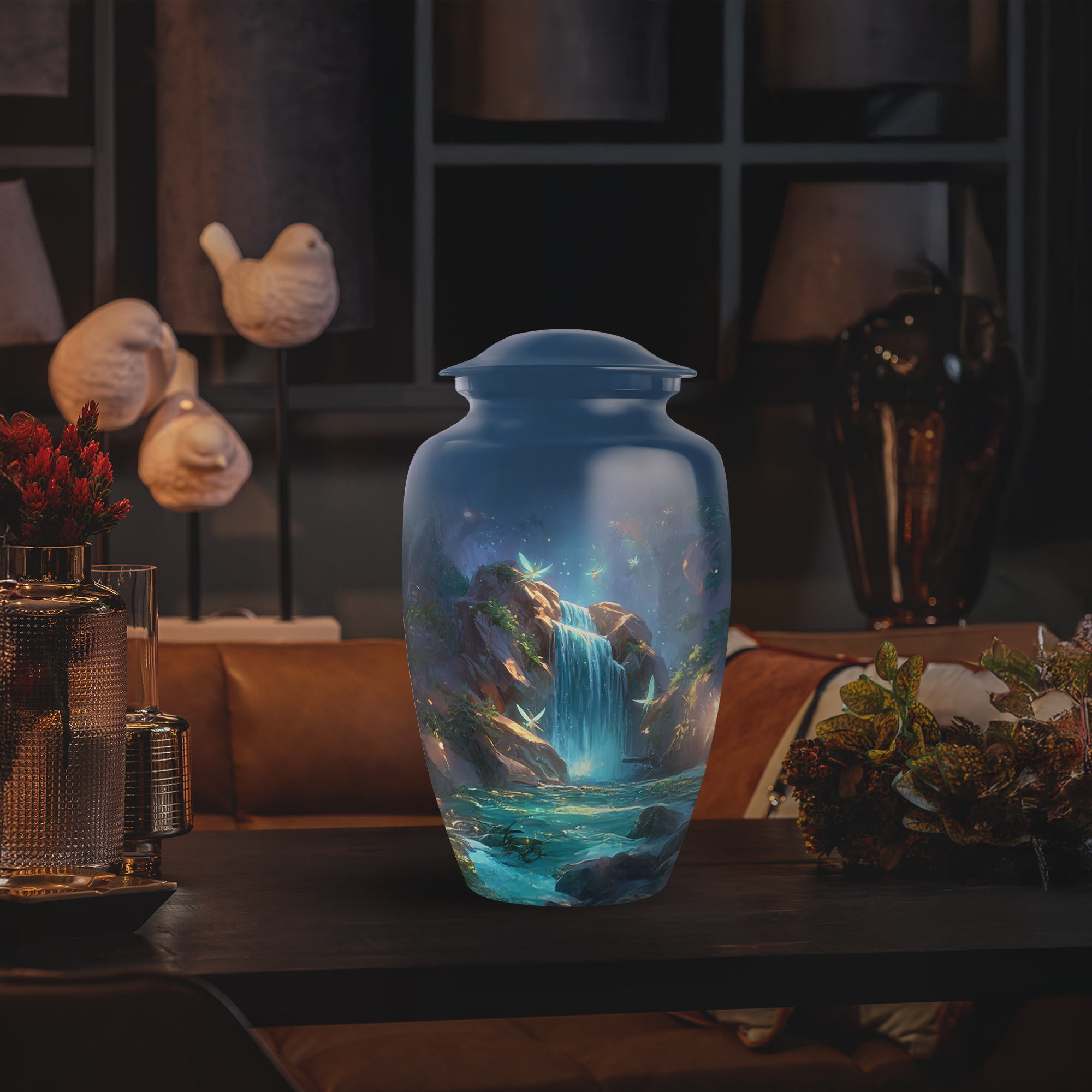 Yatskia Waterfall with Butterflies Mini Cremation Keepsake Urns for Human Ashes Adult Mother and Father, Decorative Large Funeral Urn for Ashes Adult, (Classic 10 Inch and 3 Inch)