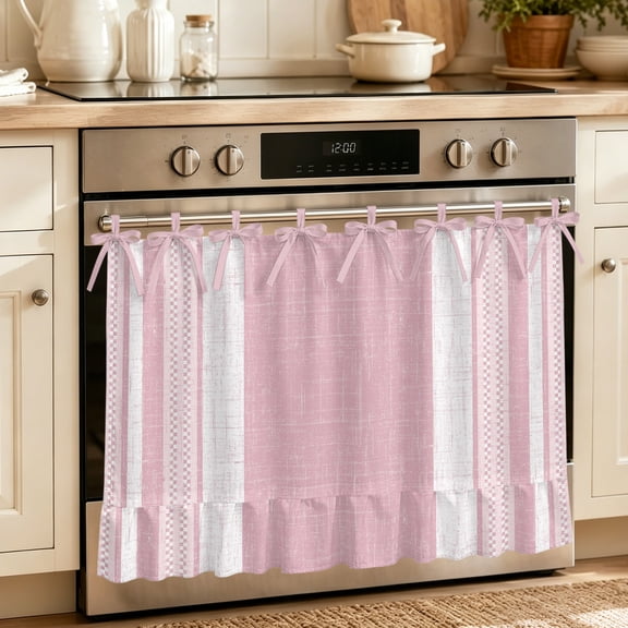Vintage Pink Striped Oven Skirt for Farmhouse Kitchen Décor, Farmhouse Modern Stripes Boho Oven Curtain Tie Top Decorative Stove Skirt, Cabinet Dish Washer Curtains with 8 Ribbon Ties 30"x21.5"