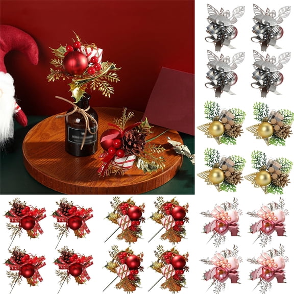 4Pc Xmas Decorative Picks - Artificial Pine Cedar Branches With Berries Pinecones & Ornaments For Christmas Tree Wreath Garland Decoration - Home Office Party Indoor Outdoor Xmas