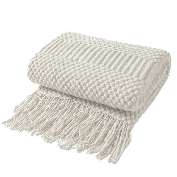 Throw Blanket For Couch Fall Textured Knit Blanket With Tassels Cozy Woven Boho Bed Blanket For Sofa Bed Chair Acrylic Wave Pattern 50"X60" - off-white