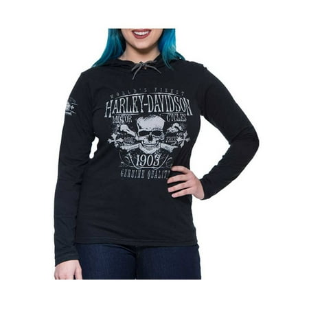 Distressed Long Sleeve Tee Harley-Davidson Women's Distressed Elixir Skull Hooded Long Sleeve Tee, Black, Harley Davidson ()