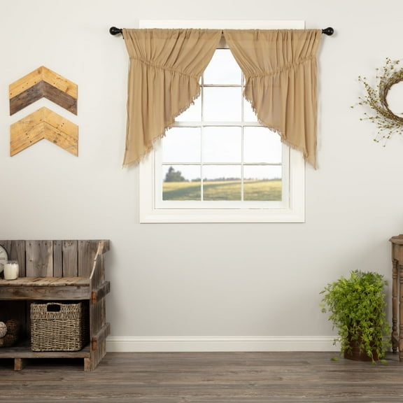 VHC Brands Primitive Farmhouse Kitchen Window Curtains-Tobacco Cloth Tan Fringed Prairie Swag Pair, x King, Khaki