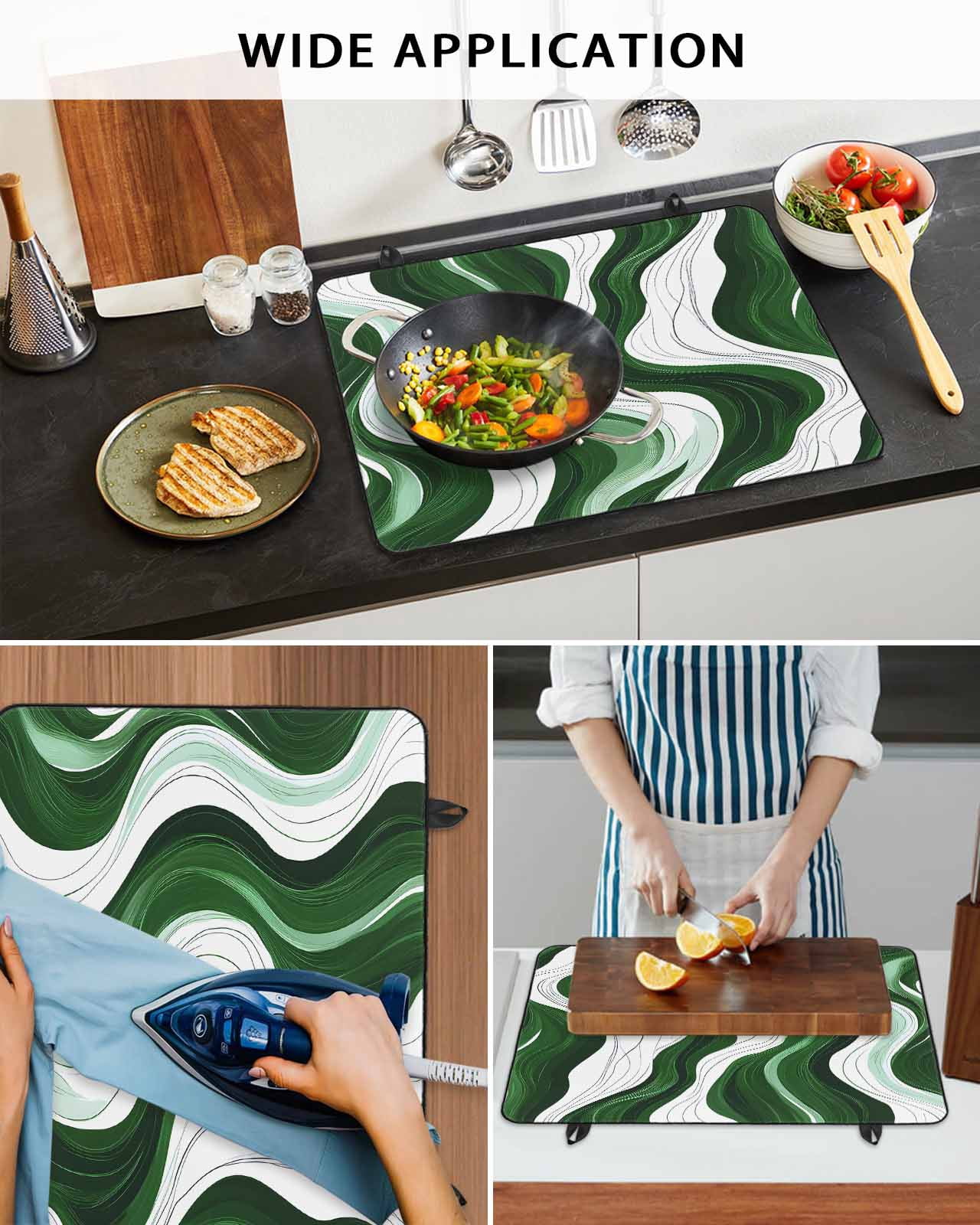 nqOlkjepod Large Induction Cooktop Protector Mat 24"x21", Green Stripe Stove Top Covers for Electric Stove, Geometric White Wave Modern Ocean Stove Burner Cover Mats, Glass Top Stove Cover