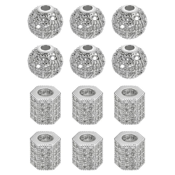Rhinestone Charm Spacer Beads, 12Pack Zircon Pave Rhinestone Beads 8mm Round Ball Big Hole Hexagon Beads (White-Gold)