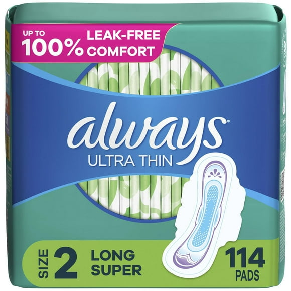 Always Ultra Thin Feminine Pads with Wings for Women, Size 2, Long Super Absorbency, Unscented
