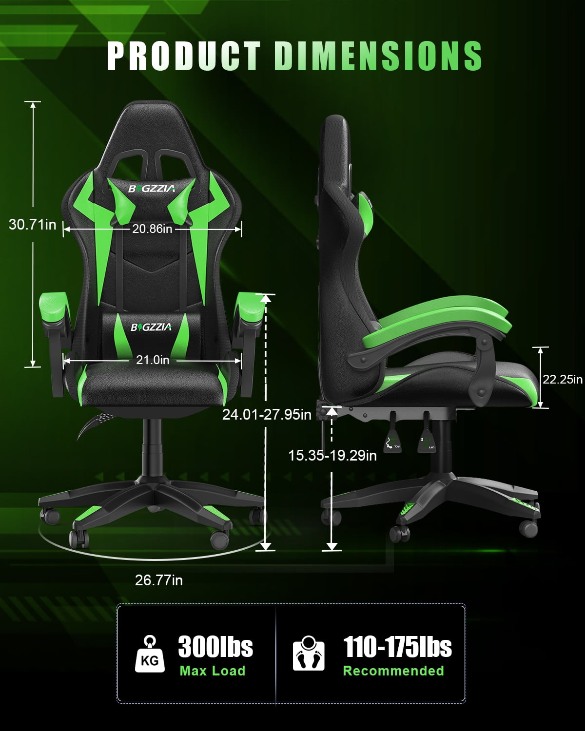 Bigzzia Gaming Chair with LED Lights, Computer Chair with Lumbar Support, Ergonomic High Back Video Game Chair with Swivel Seat and Headrest, Green