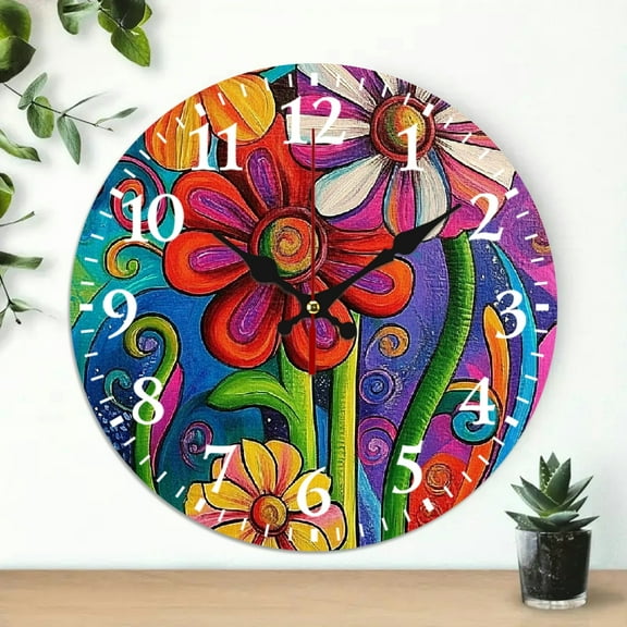 Wall Clock, flowers swirls popart Print, Wall Decor for Linving Room, Perfect for Living Room, Dorm, Bedroom, Kitchen, Home Office & More, Wall Clock Living Room