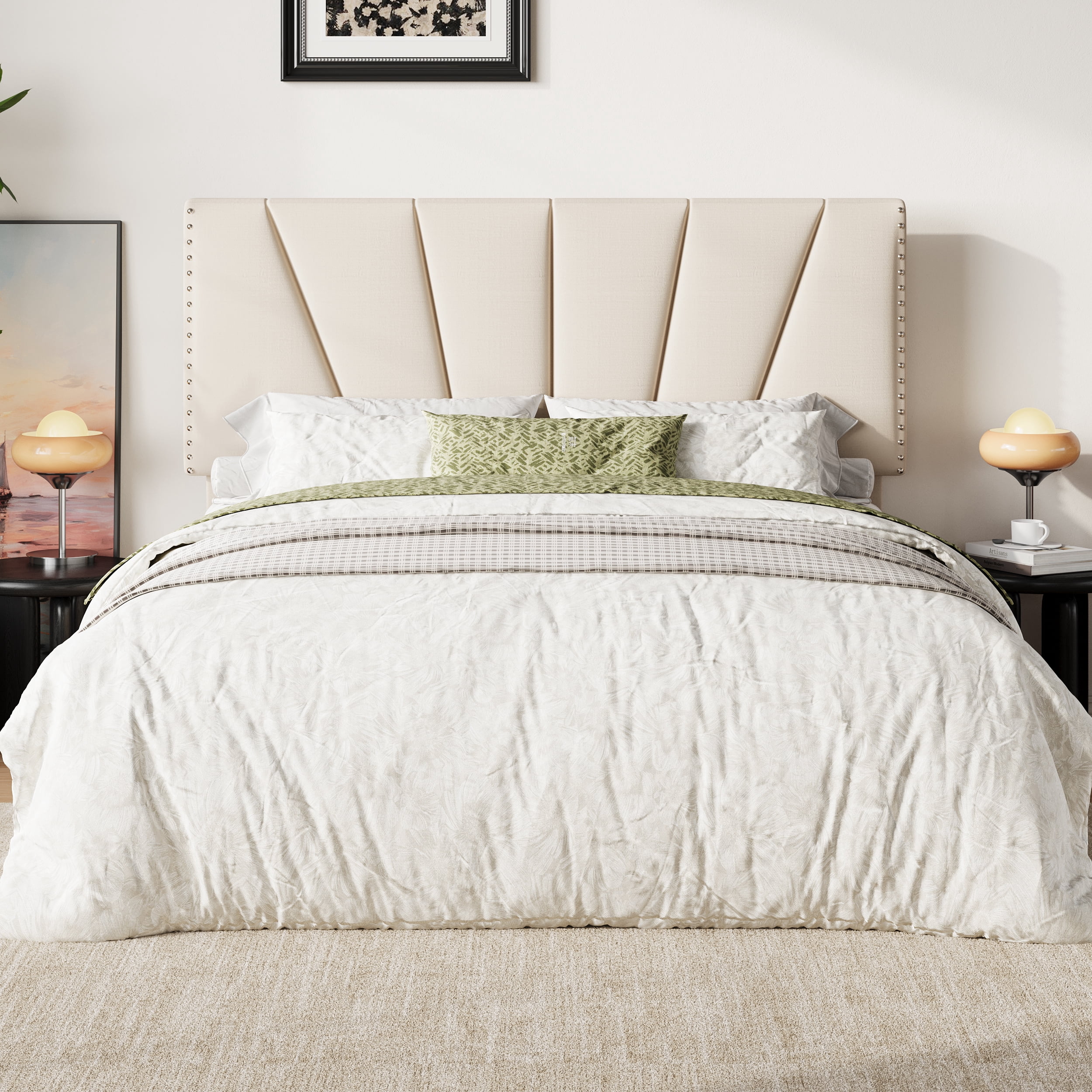 Amolife Full Size Platform Bed Frame with Adjustable Velvet Upholstered Headboard, Cream