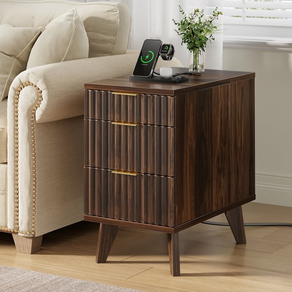 Biemlerfn 3 Drawer Side Table with Charging Station, Narrow End Table with Open Storage, Wooden Nightstand for Bedroom, Living Room, Brown