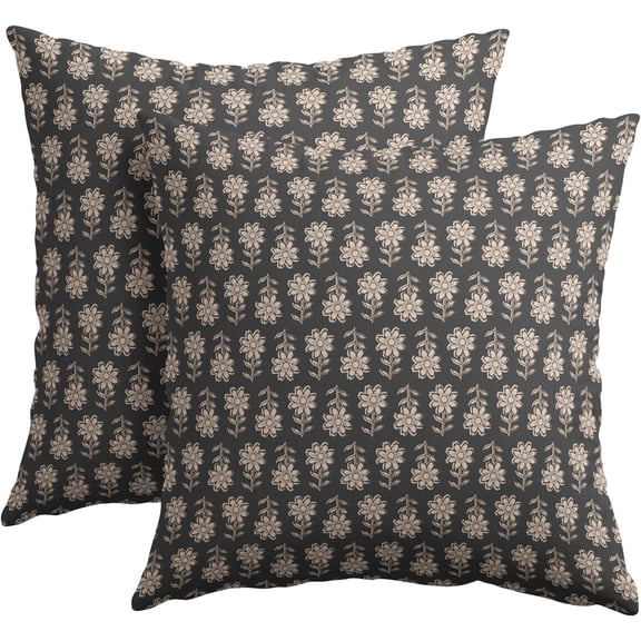 Vintage Pillow Covers 18x18 Inch Set of 2 Black Floral Block Print Outdoor Decorative Throw Pillows Neutral Pattern Pillowcases Square Cushion Covers for Couch Home Decor