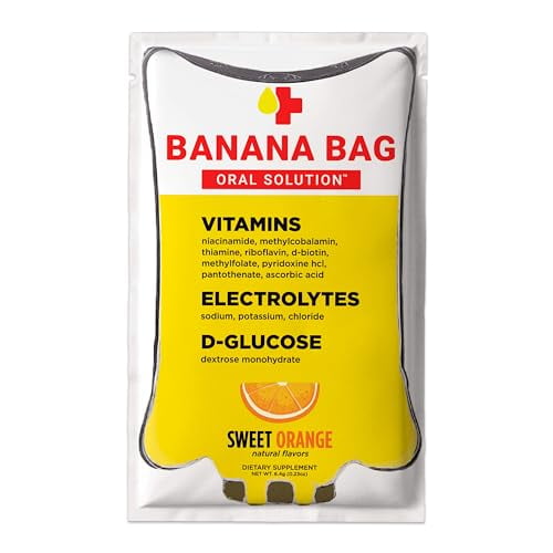 Paquetes de recuperación de solución oral en bolsa de plátano - Naranja dulce, paquete de 15 | Una mezcla refrescante de electrolitos, vitamina C y complejo B para hidratación y energía. Conveniente,