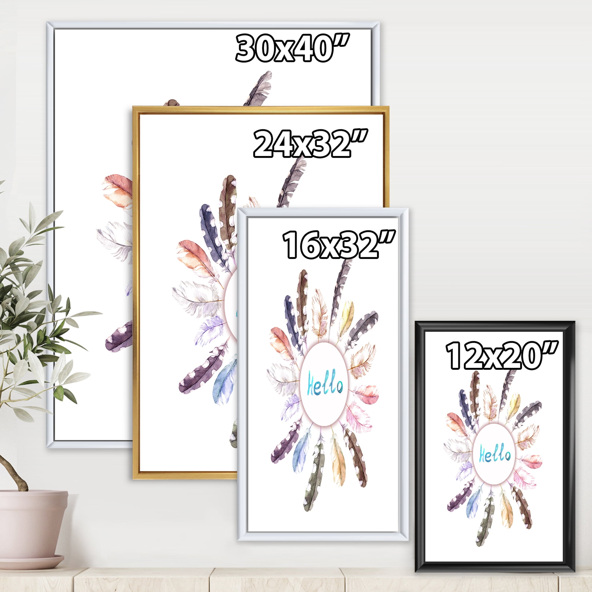 Designart 'Ancient Round Wreath With Birds Feathers' Bohemian & Eclectic Framed Canvas Wall Art Print