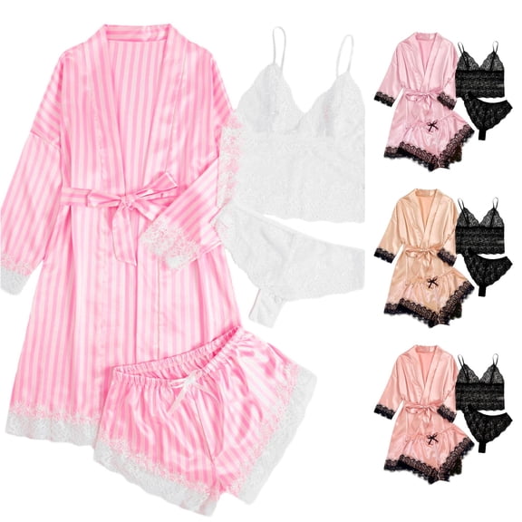 Weebloom Summer Pajamas For Women Set Silk Pajamas Set 4 Piece Satin Classic Button Down Short Sleeve Pj Set Cute Sleepwear Nightwear Pjs Loungewear Pink 2Xl